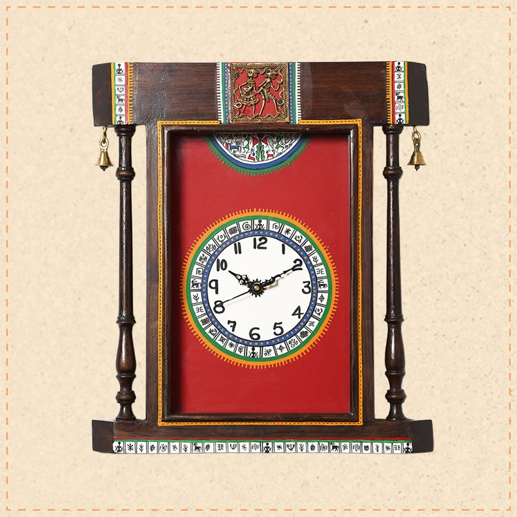Wall Clock Handcrafted Warli Art Red Dial with Glass Frame (14x16)