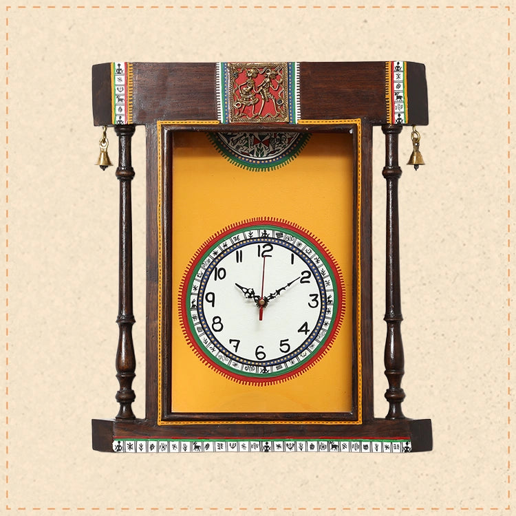 Wall Clock Handcrafted Warli Art Yellow Dial with Glass Frame (14x16)