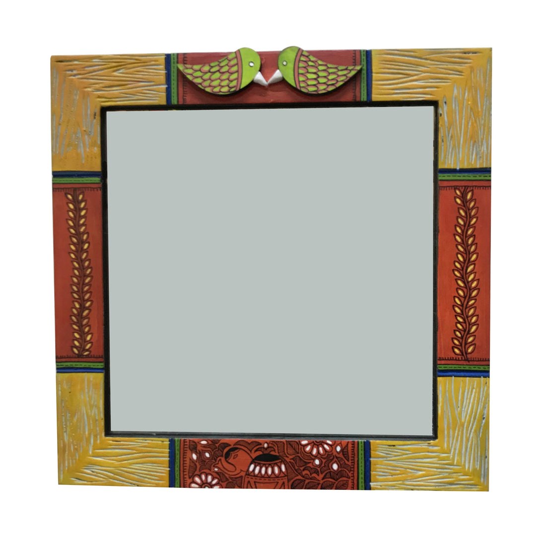 Mirror Handcrafted Madhubani Art Two Birds Motifs (13x13)