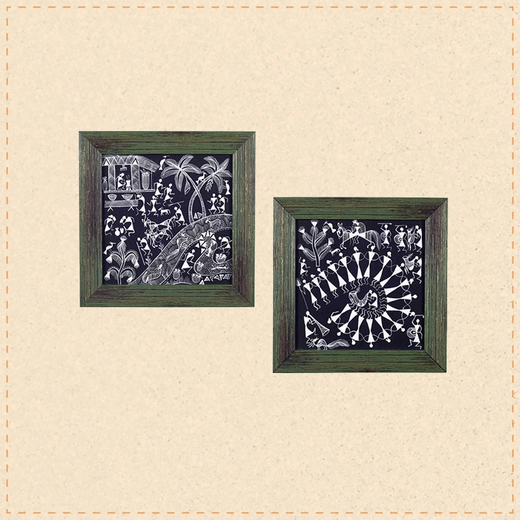 Warli Agriculture Tribal Dance Handcrafted Painting So2  (8.7x0.5x8.7)