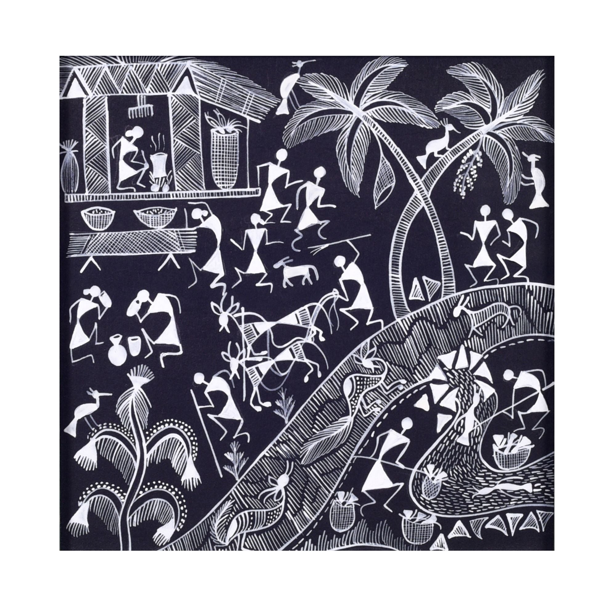 Warli Agriculture Tribal Dance Handcrafted Painting So2  (8.7x0.5x8.7)