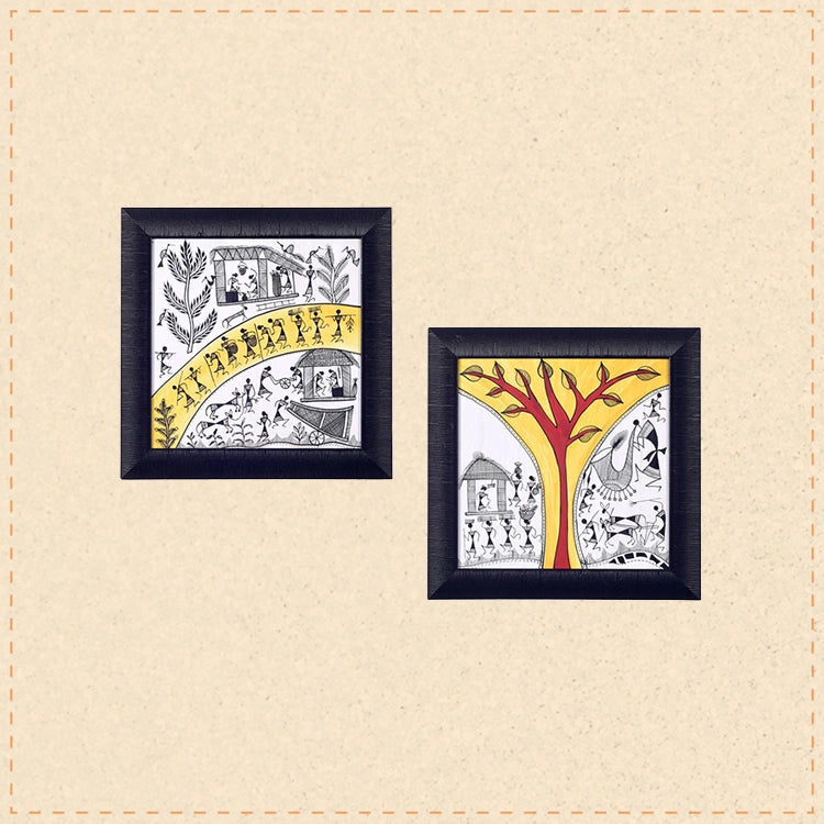 Warli Processions & The Warli Tree Handcrafted Painting So2  (9.7x0.5x9.7)