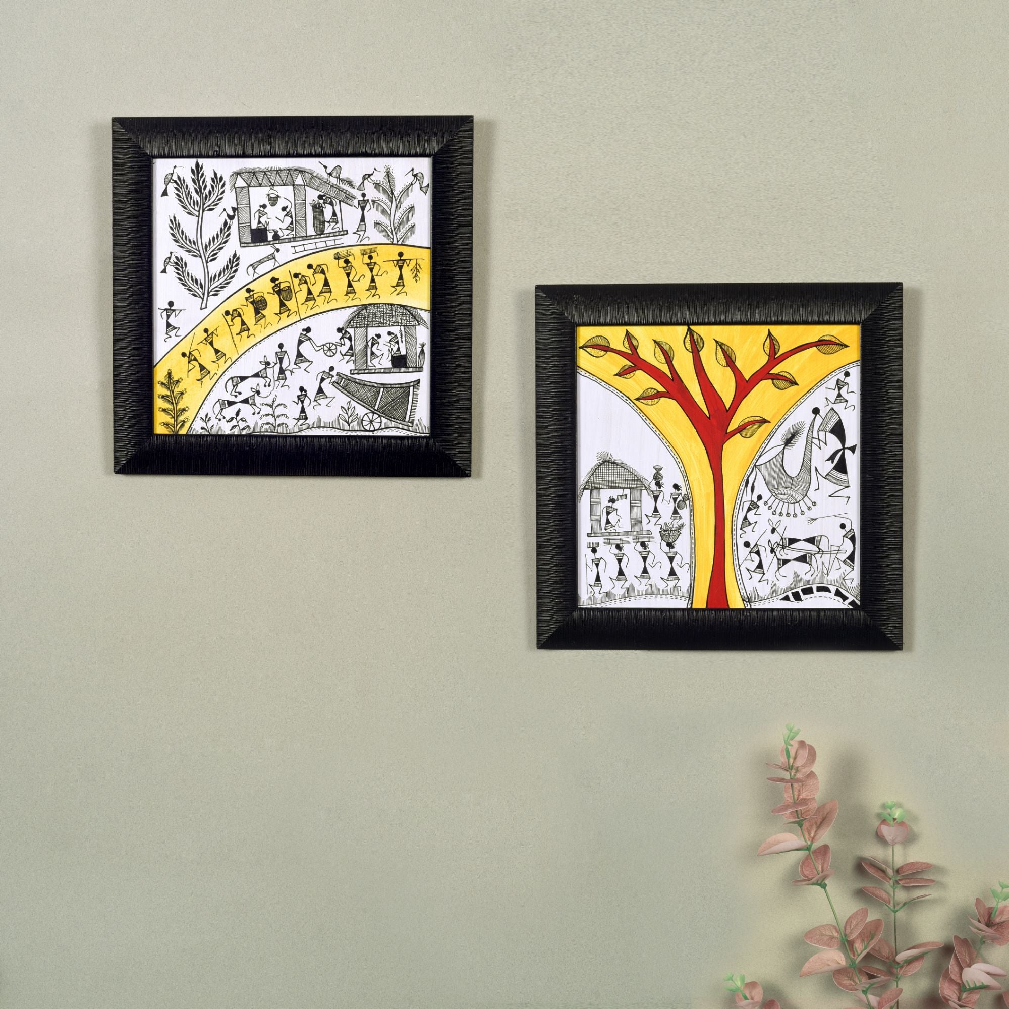 Warli Processions & The Warli Tree Handcrafted Painting So2  (9.7x0.5x9.7)