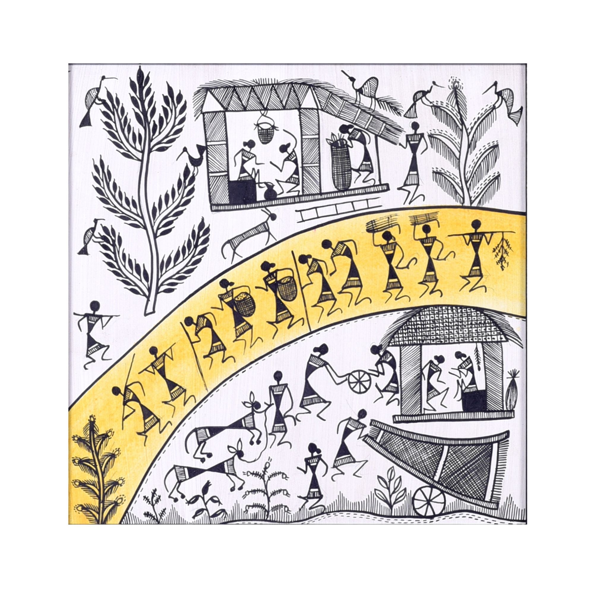 Warli Processions & The Warli Tree Handcrafted Painting So2  (9.7x0.5x9.7)