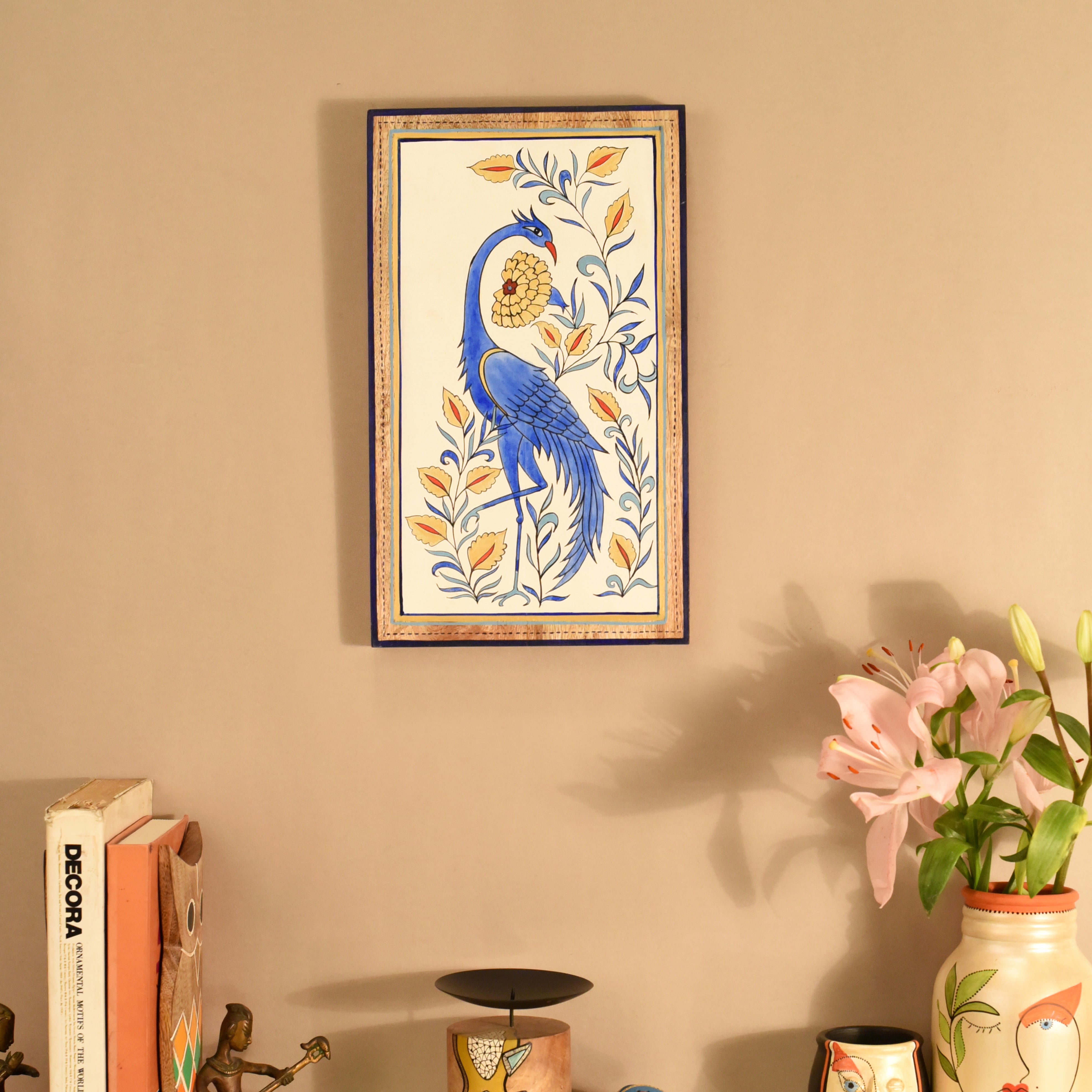 Blue Peacock Motif Wooden Wall Frame
