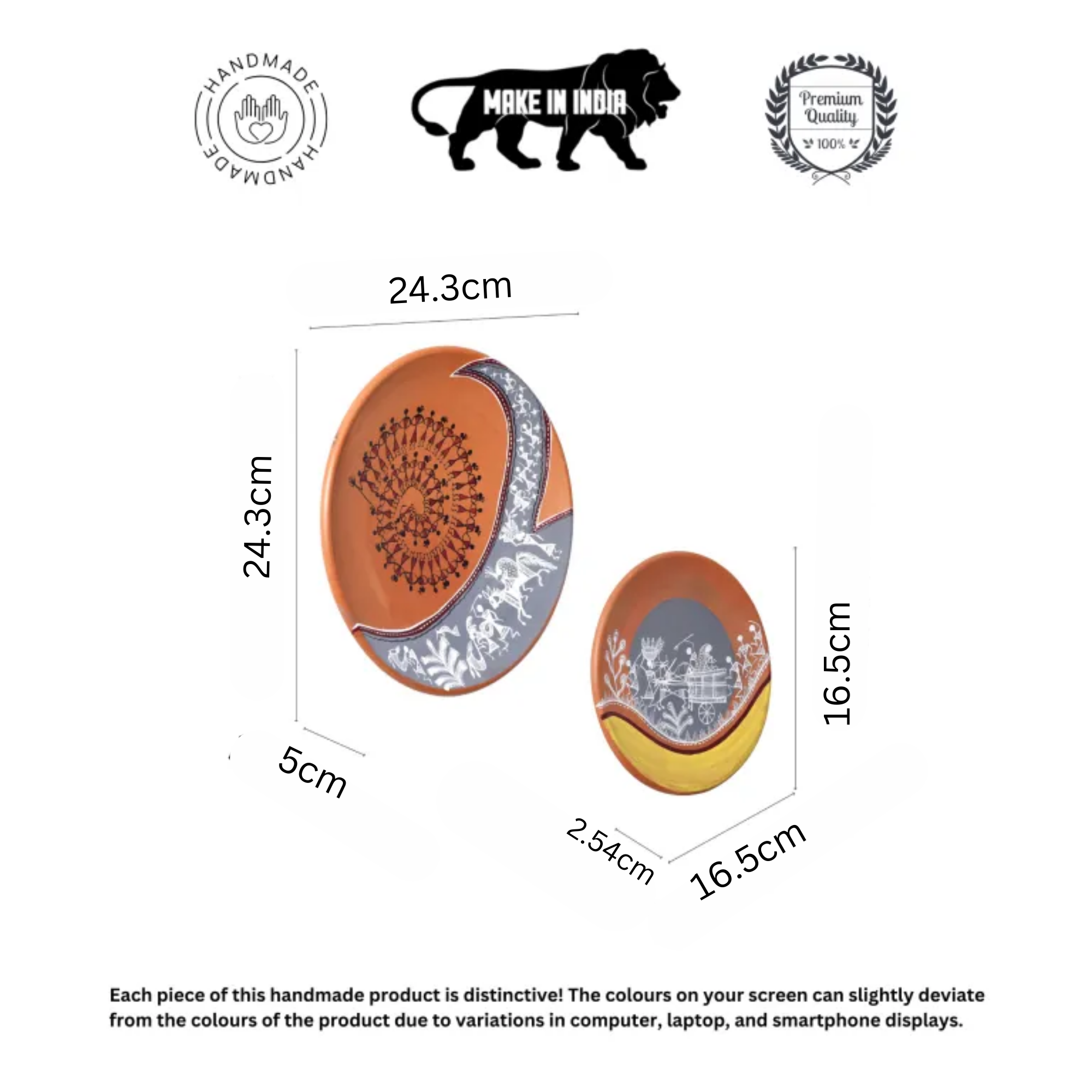 The art OF warli terracotta wall hanging tiles SET OF two (s-6.5x6.5x1, l-9.6x9.6x2)