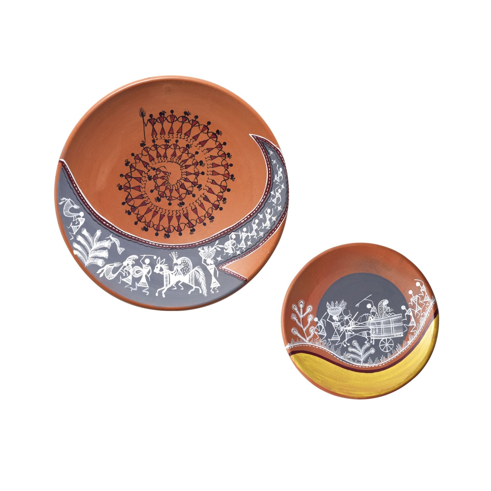 The art OF warli terracotta wall hanging tiles SET OF two (s-6.5x6.5x1, l-9.6x9.6x2)