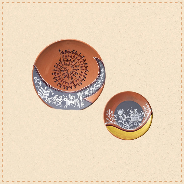 The art OF warli terracotta wall hanging tiles SET OF two (s-6.5x6.5x1, l-9.6x9.6x2)