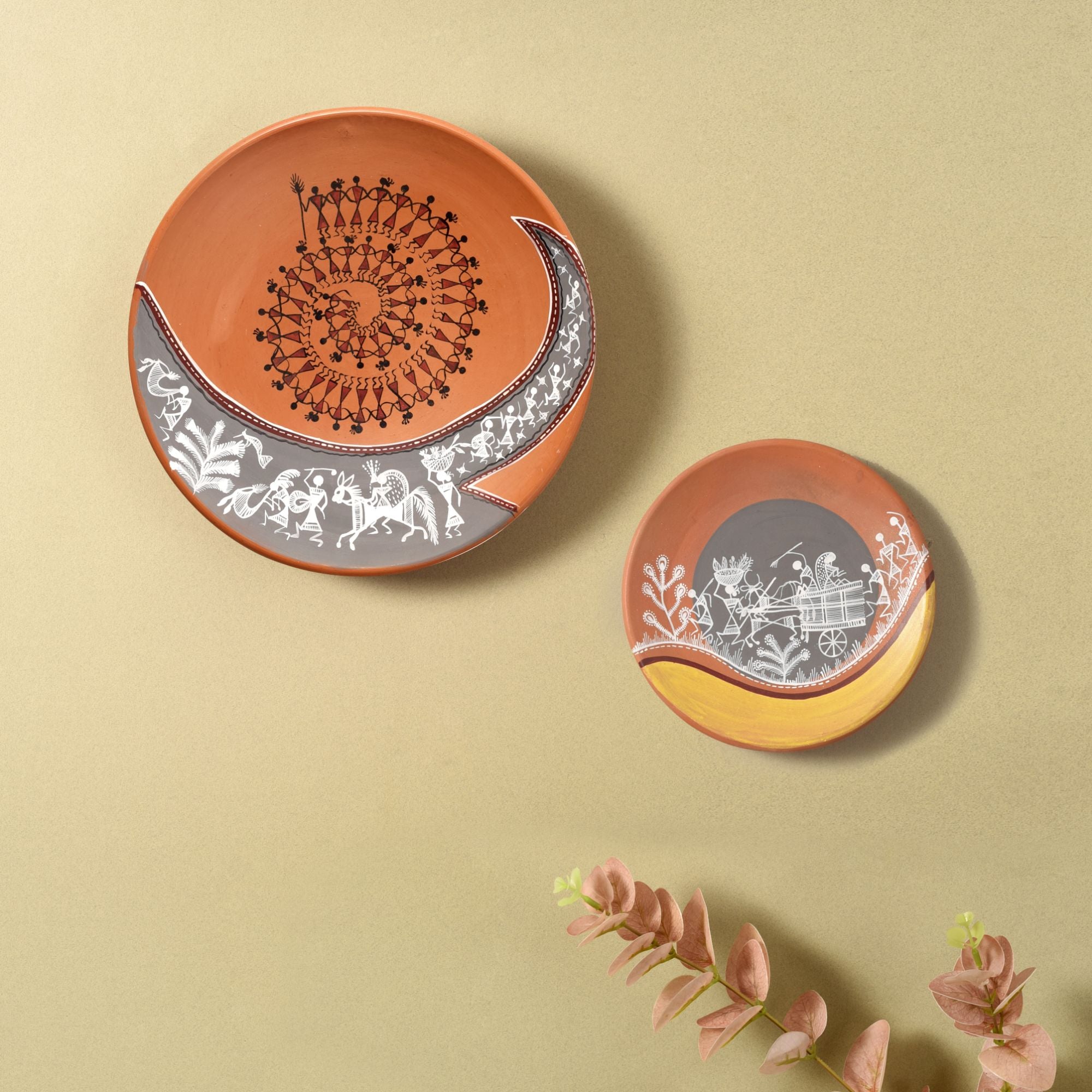 The art OF warli terracotta wall hanging tiles SET OF two (s-6.5x6.5x1, l-9.6x9.6x2)