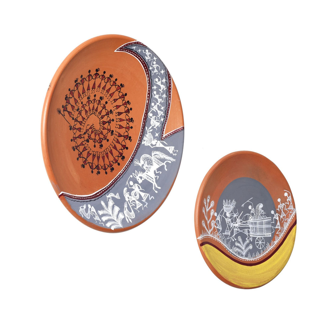 The art OF warli terracotta wall hanging tiles SET OF two (s-6.5x6.5x1, l-9.6x9.6x2)