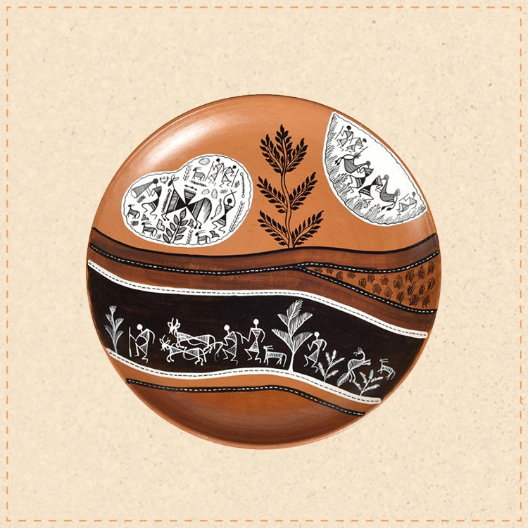 Handpainted Warli Earthen Plate for Wall Decor (9x9)