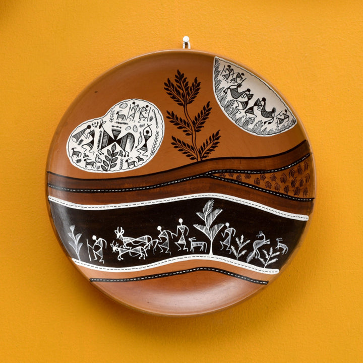 Handpainted Warli Earthen Plate for Wall Decor (9x9)