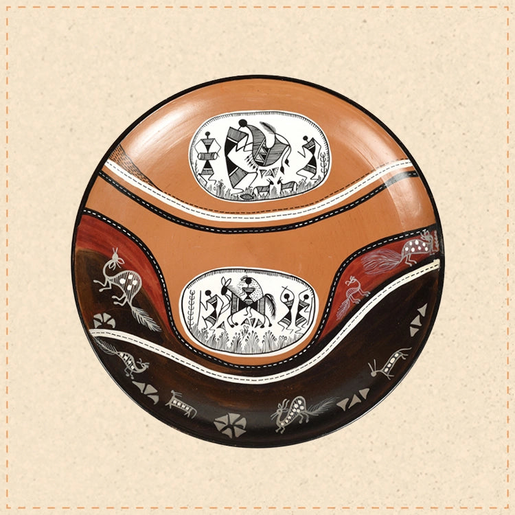 Handpainted Warli Earthen Plate for Wall Decor (9x9)
