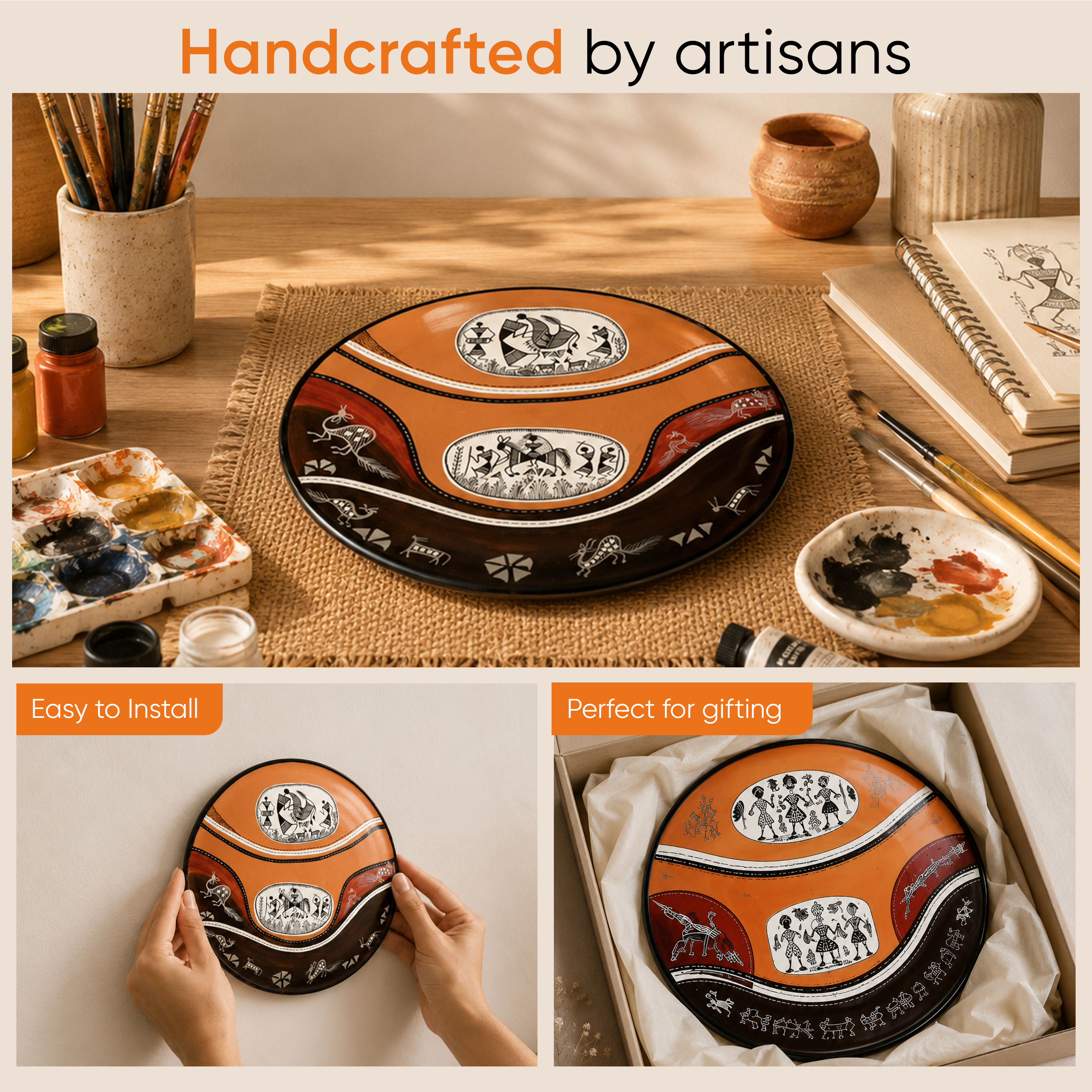 Handpainted Warli Earthen Plate for Wall Decor (9x9)