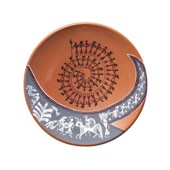 The art OF warli terracotta wall hanging tile (9.6x9.6x2)