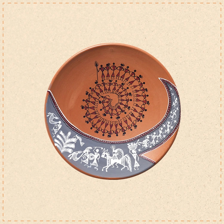 The art OF warli terracotta wall hanging tile (9.6x9.6x2)
