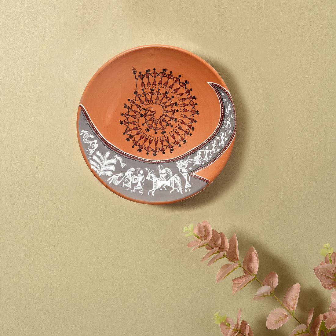 The art OF warli terracotta wall hanging tile (9.6x9.6x2)