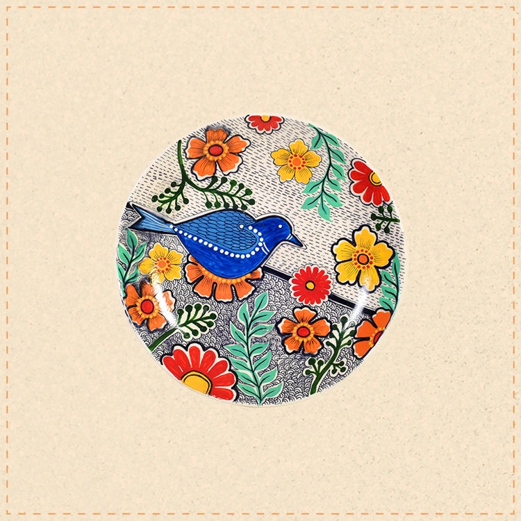 Kartikeya Wall Plate, Handcrafted Ceramic Decor with Blue Bird and Floral Motif for Joy, Nature and Artistic Charm