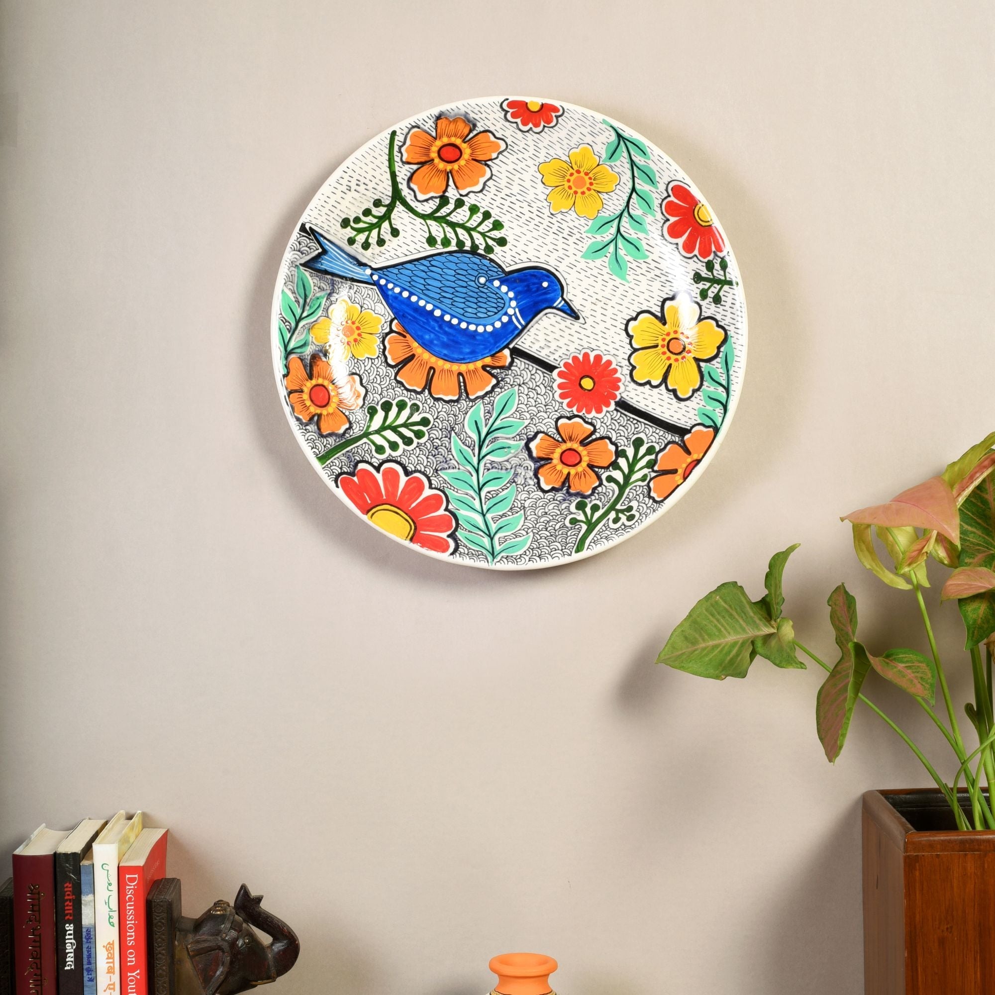 Kartikeya Wall Plate, Handcrafted Ceramic Decor with Blue Bird and Floral Motif for Joy, Nature and Artistic Charm