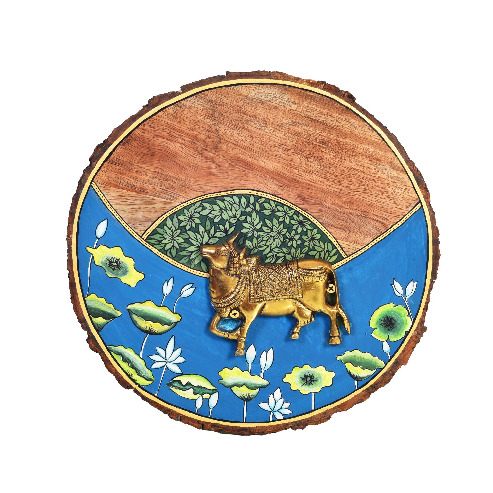 Nandini Handcrafted Wall Plate with Brass Cow and Floral Detailing, Rustic Wood Decor