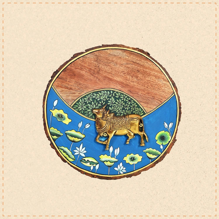 Nandini Handcrafted Wall Plate with Brass Cow and Floral Detailing, Rustic Wood Decor