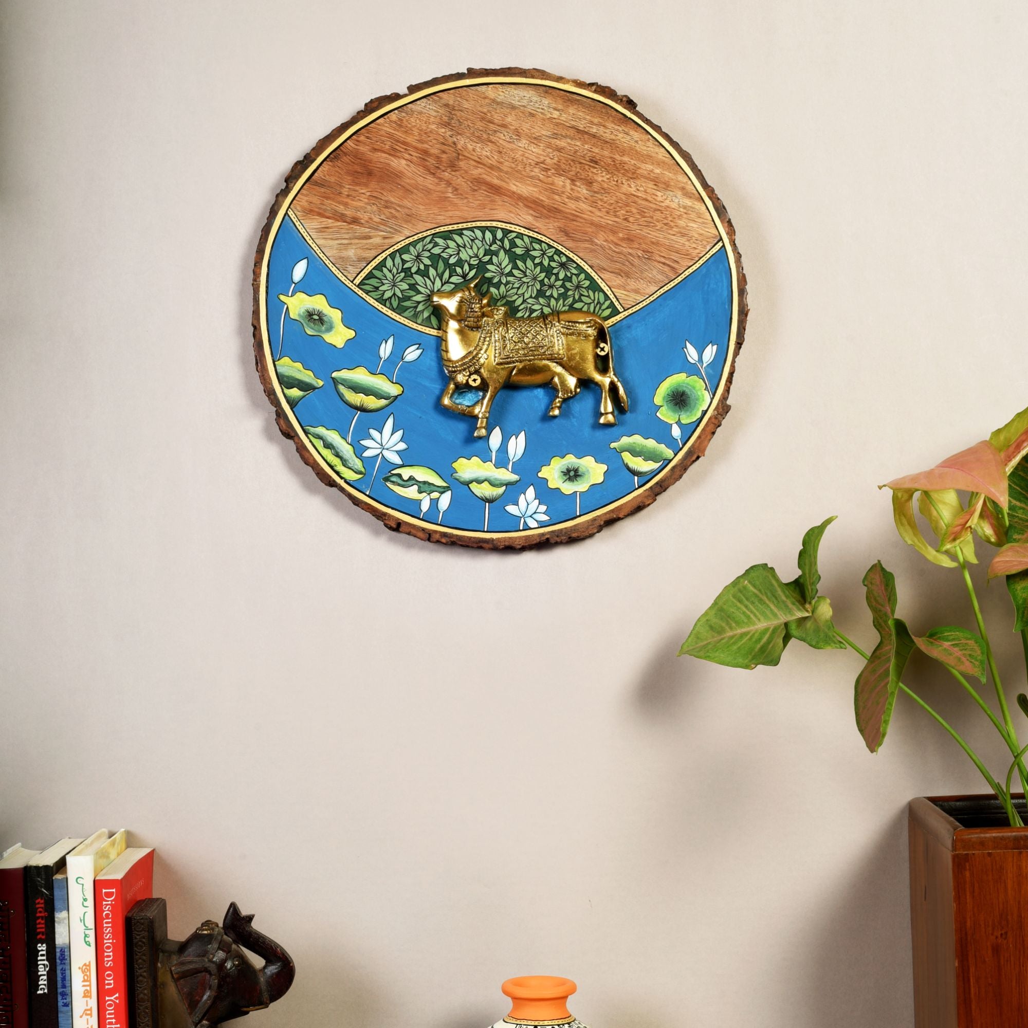 Nandini Handcrafted Wall Plate with Brass Cow and Floral Detailing, Rustic Wood Decor