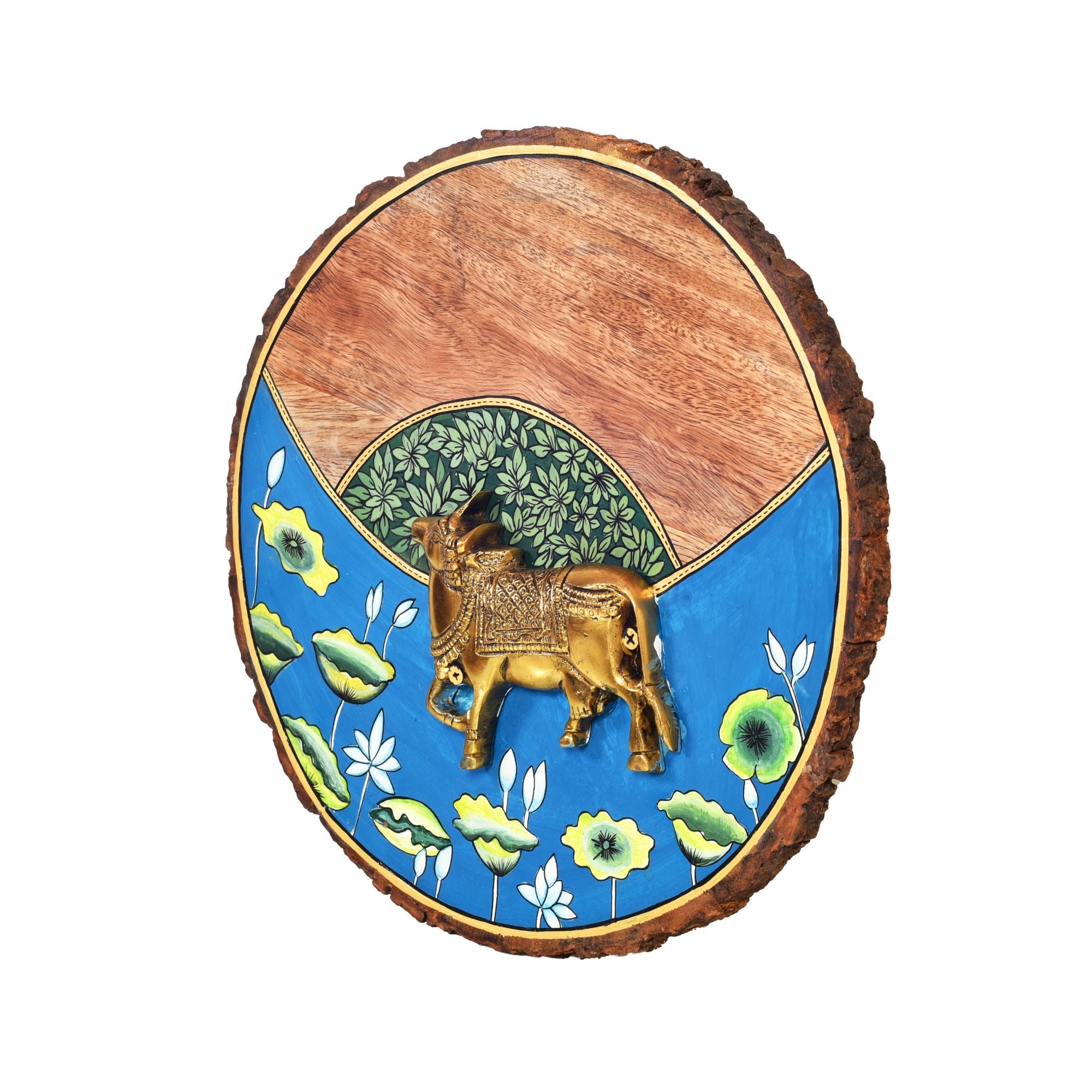 Nandini Handcrafted Wall Plate with Brass Cow and Floral Detailing, Rustic Wood Decor