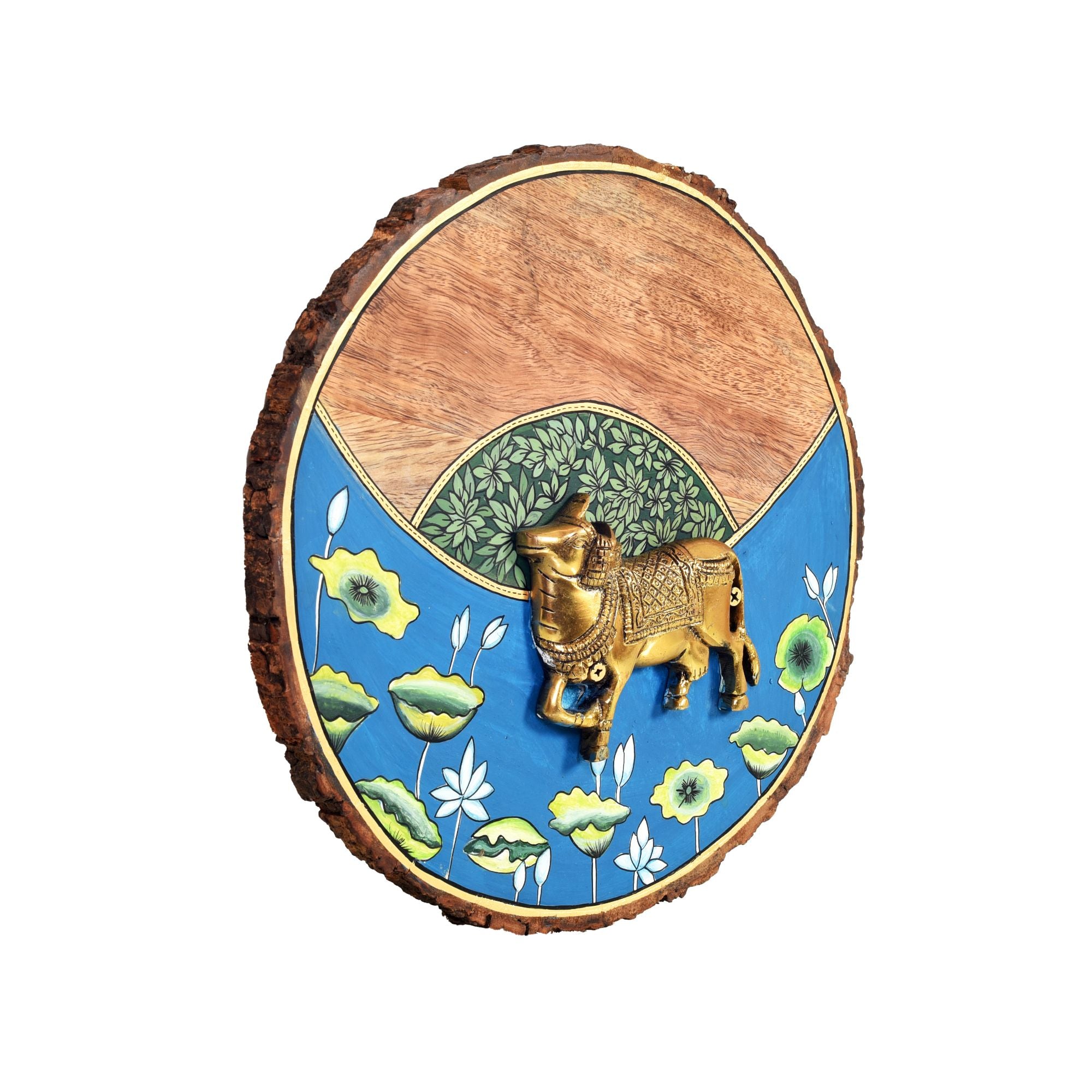 Nandini Handcrafted Wall Plate with Brass Cow and Floral Detailing, Rustic Wood Decor
