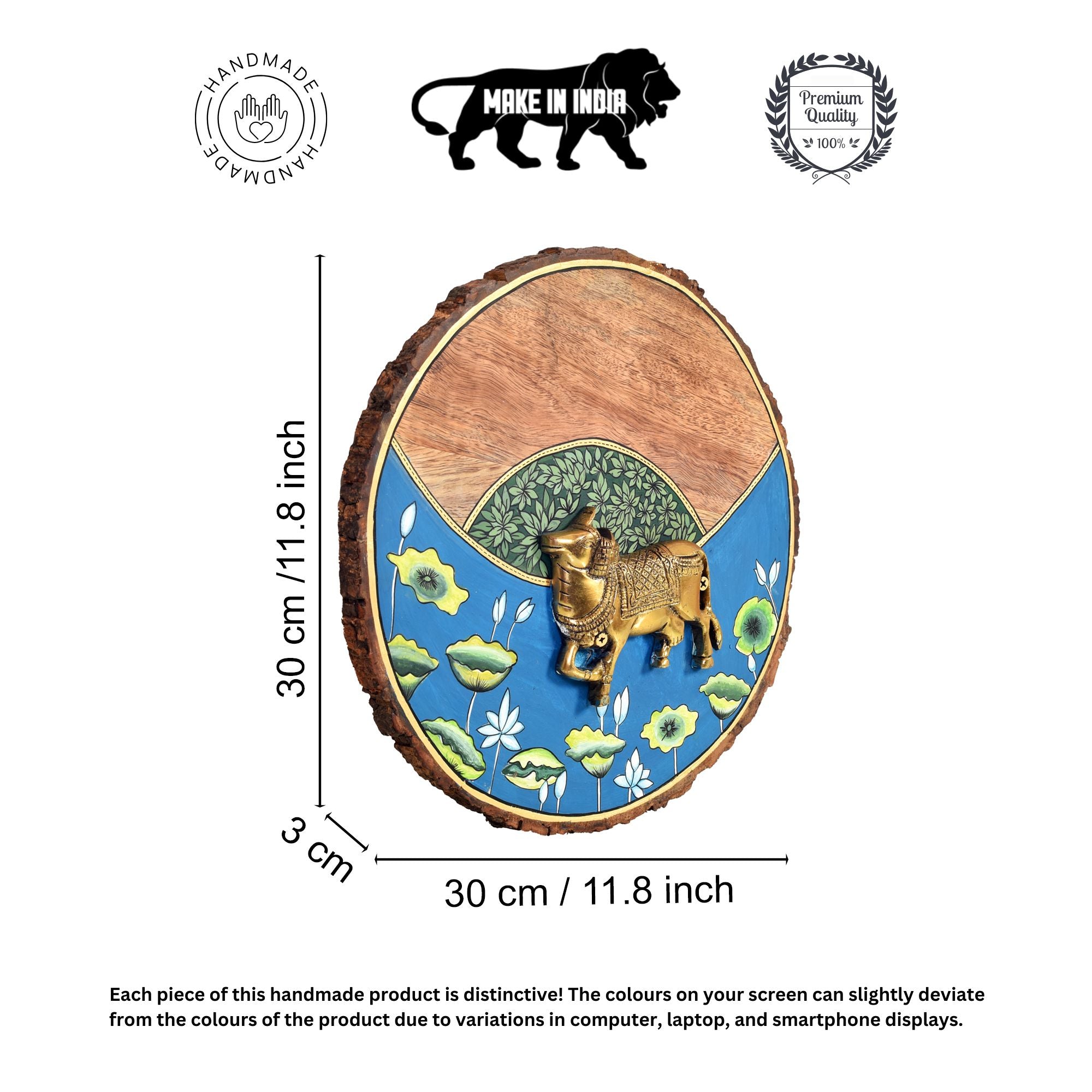 Nandini Handcrafted Wall Plate with Brass Cow and Floral Detailing, Rustic Wood Decor