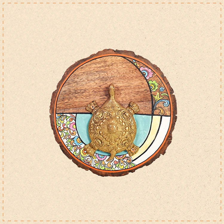 Kurma Mandala Wall Art, Handcrafted Decorative Wood Slice with Tortoise Symbol for Positive Energy and Vastu