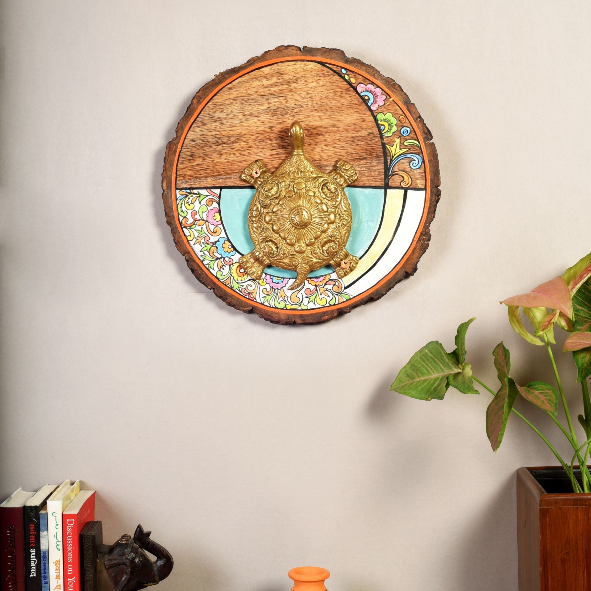 Kurma Mandala Wall Art, Handcrafted Decorative Wood Slice with Tortoise Symbol for Positive Energy and Vastu