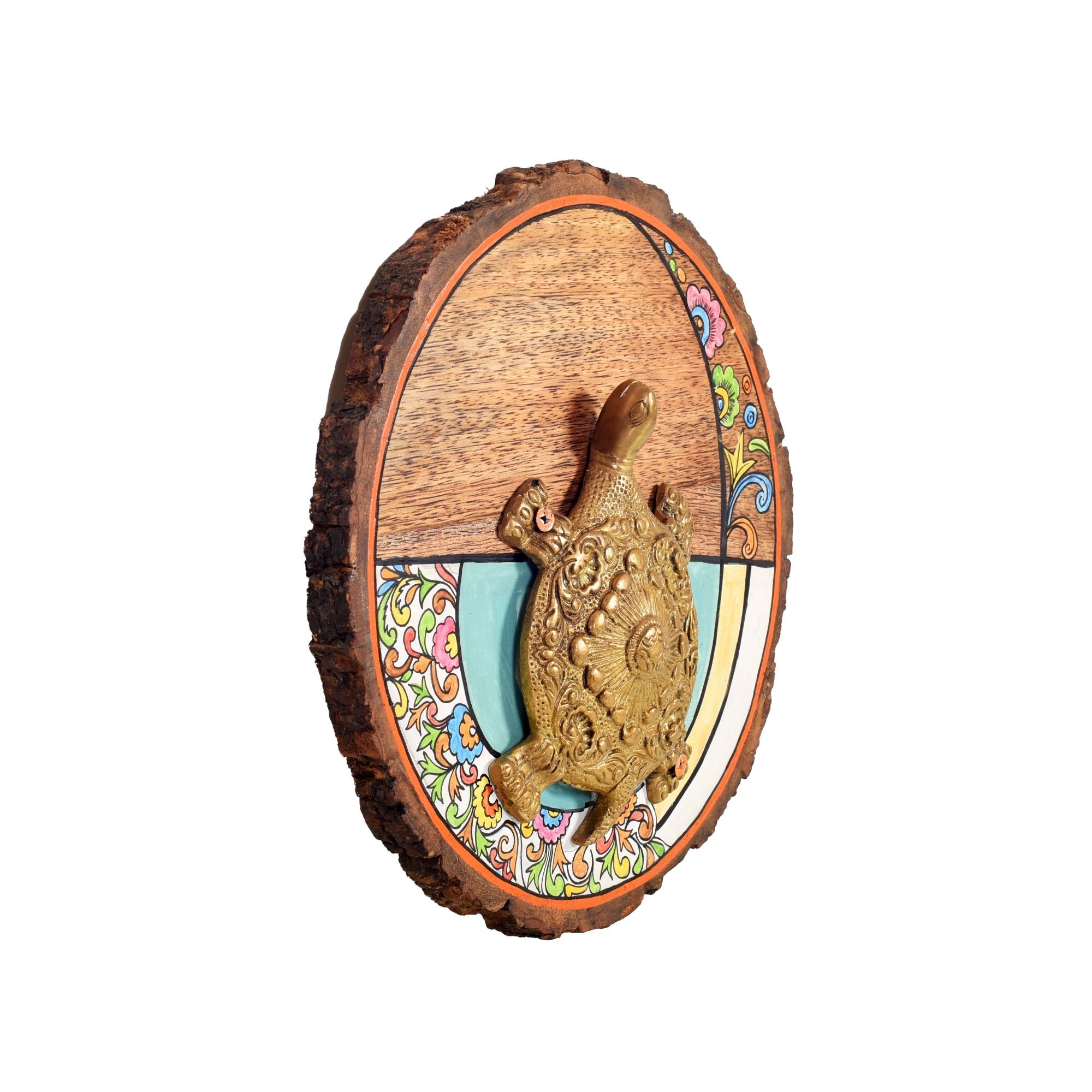 Kurma Mandala Wall Art, Handcrafted Decorative Wood Slice with Tortoise Symbol for Positive Energy and Vastu