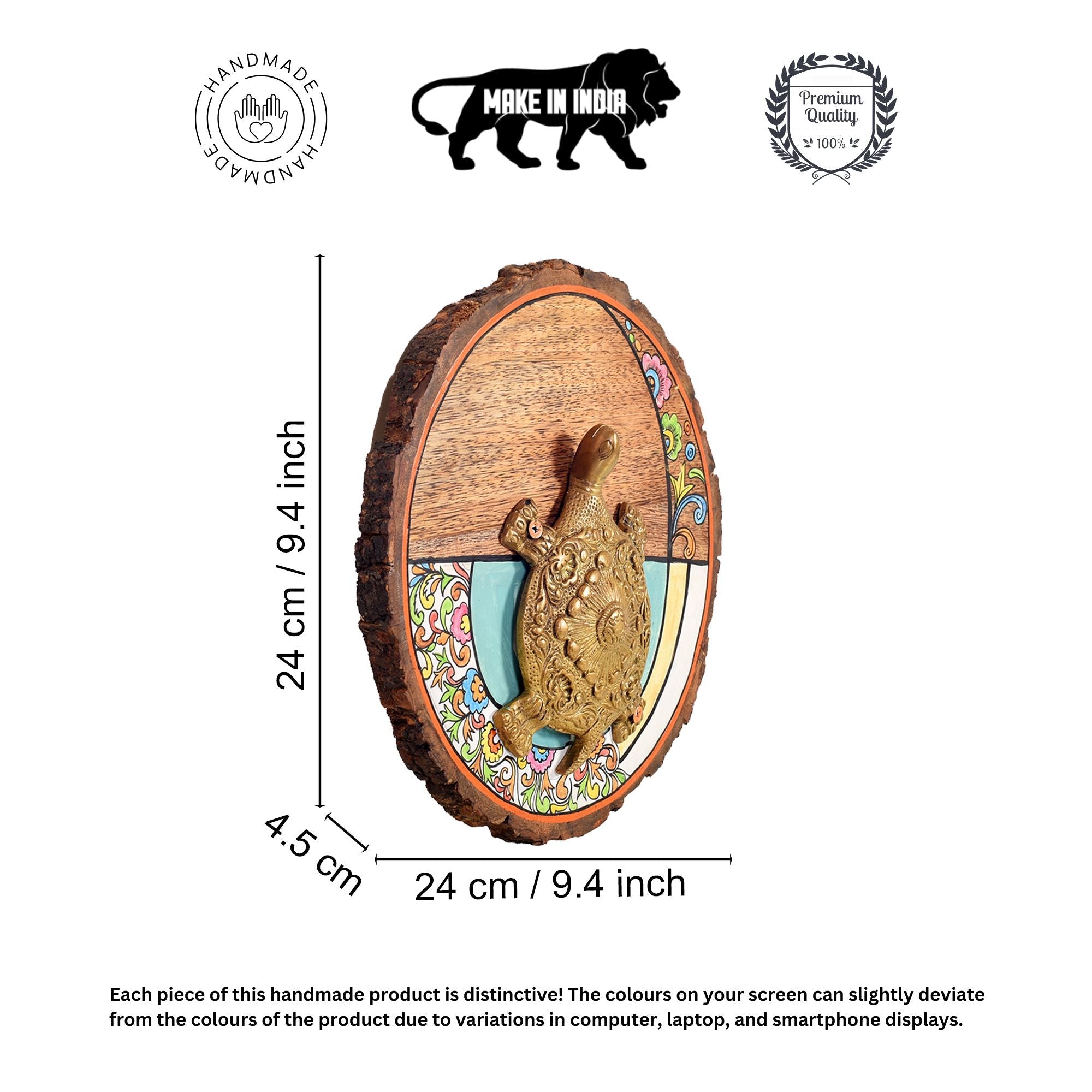Kurma Mandala Wall Art, Handcrafted Decorative Wood Slice with Tortoise Symbol for Positive Energy and Vastu