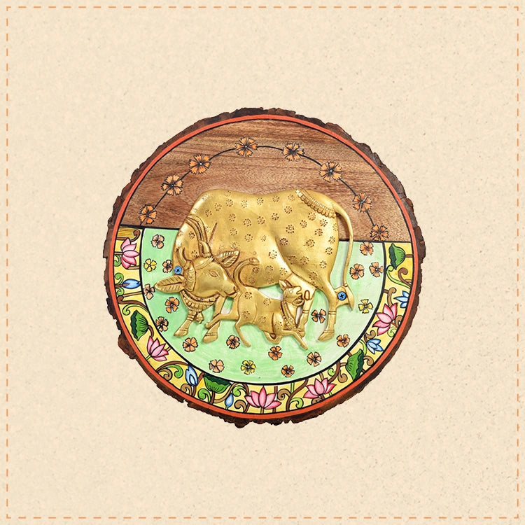 Gaia Maiya Wall Art, Handcrafted Wooden Cow and Calf Decor Symbolizing Nurture, Abundance and Divinity