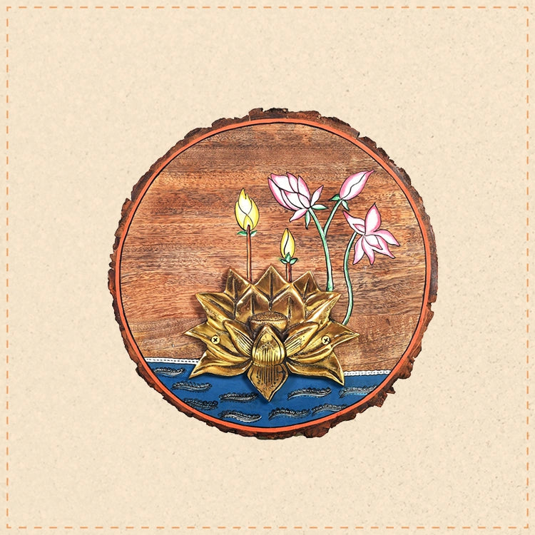 Kamala Lotus Wall Art, Handcrafted Wooden Decor with Lotus Flower and Diyas for Purity, Grace and Spiritual Glow