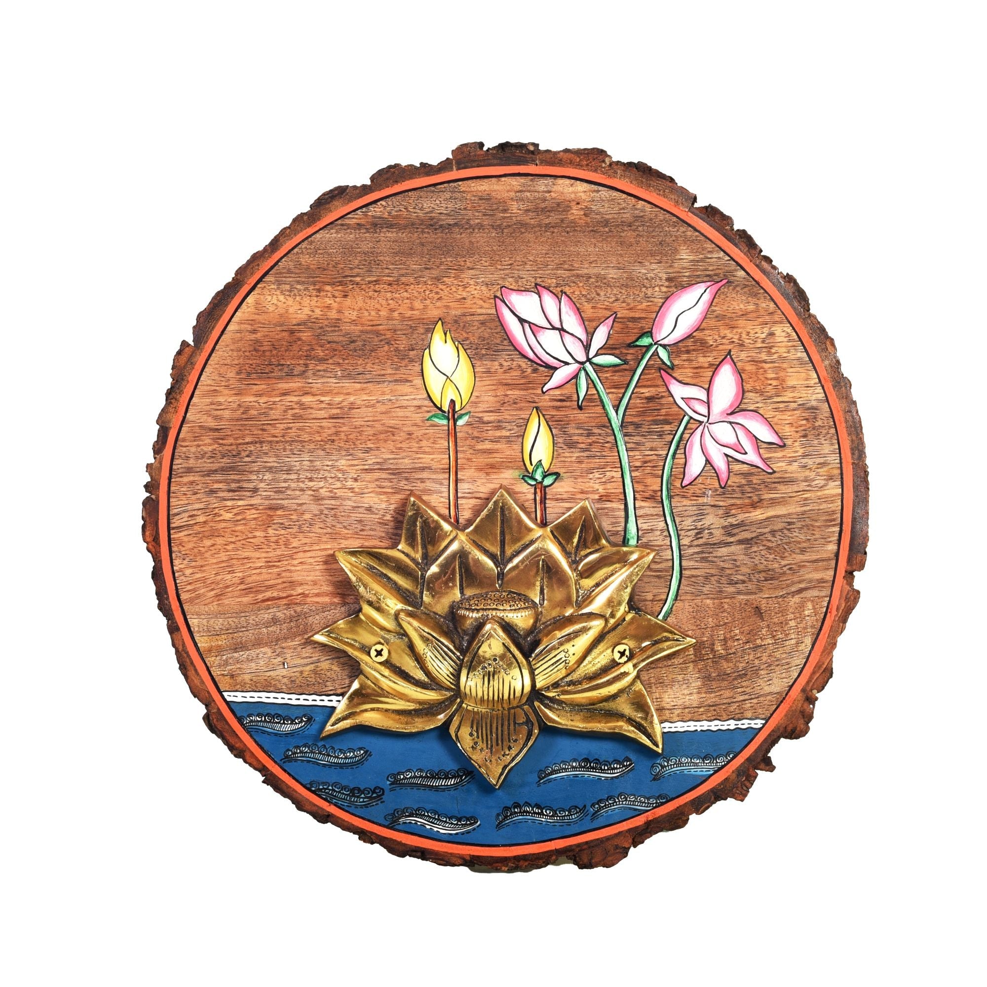 Kamala Lotus Wall Art, Handcrafted Wooden Decor with Lotus Flower and Diyas for Purity, Grace and Spiritual Glow