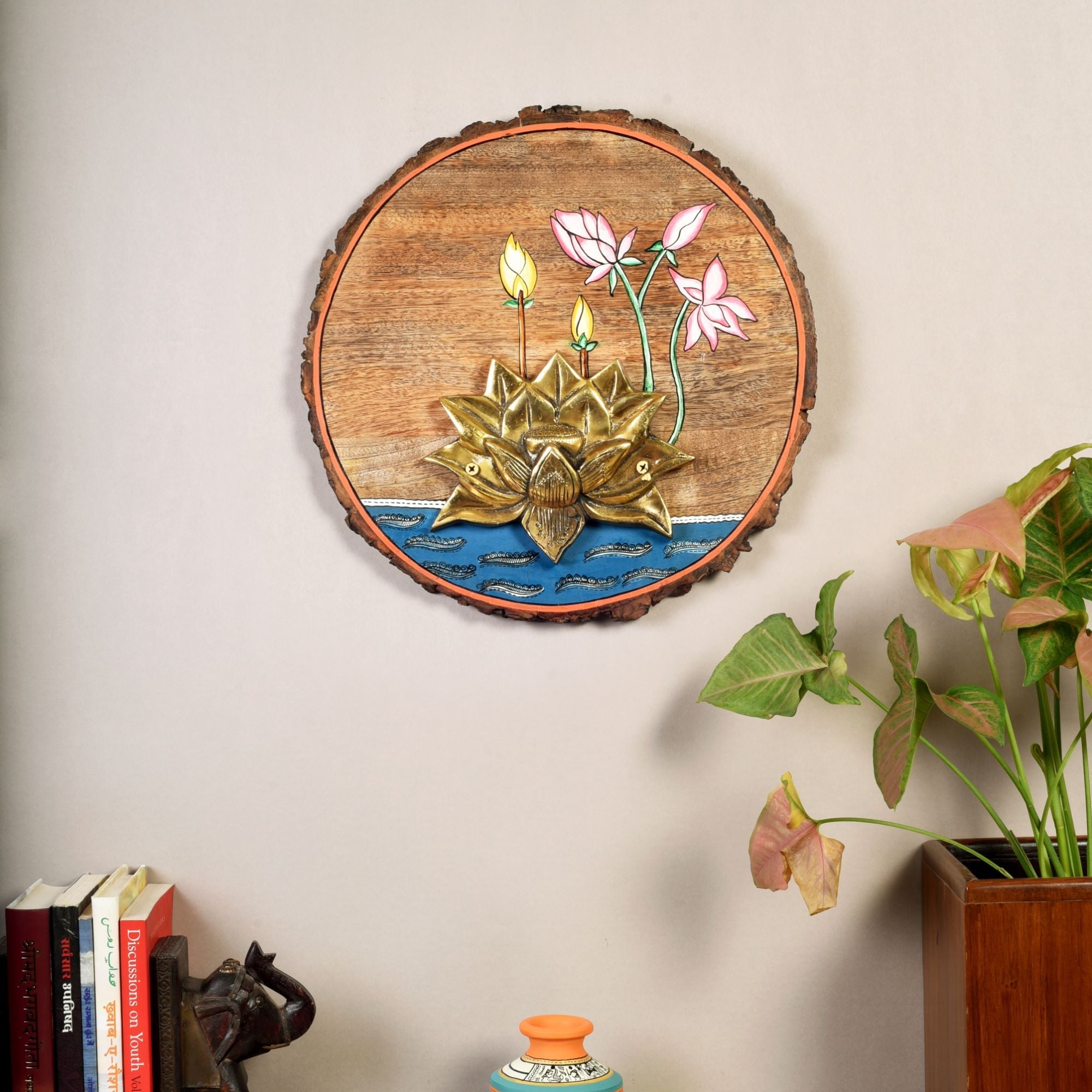 Kamala Lotus Wall Art, Handcrafted Wooden Decor with Lotus Flower and Diyas for Purity, Grace and Spiritual Glow