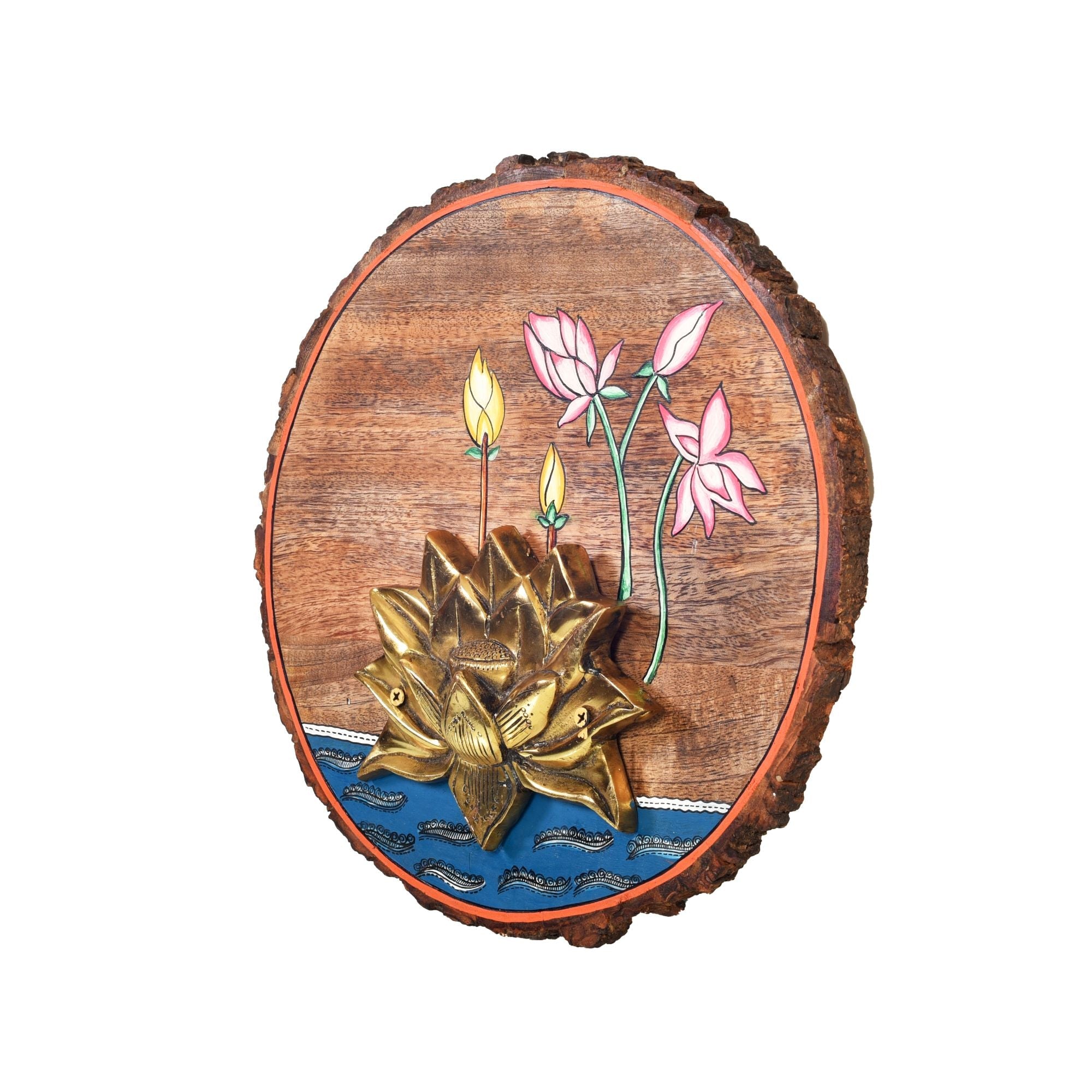 Kamala Lotus Wall Art, Handcrafted Wooden Decor with Lotus Flower and Diyas for Purity, Grace and Spiritual Glow