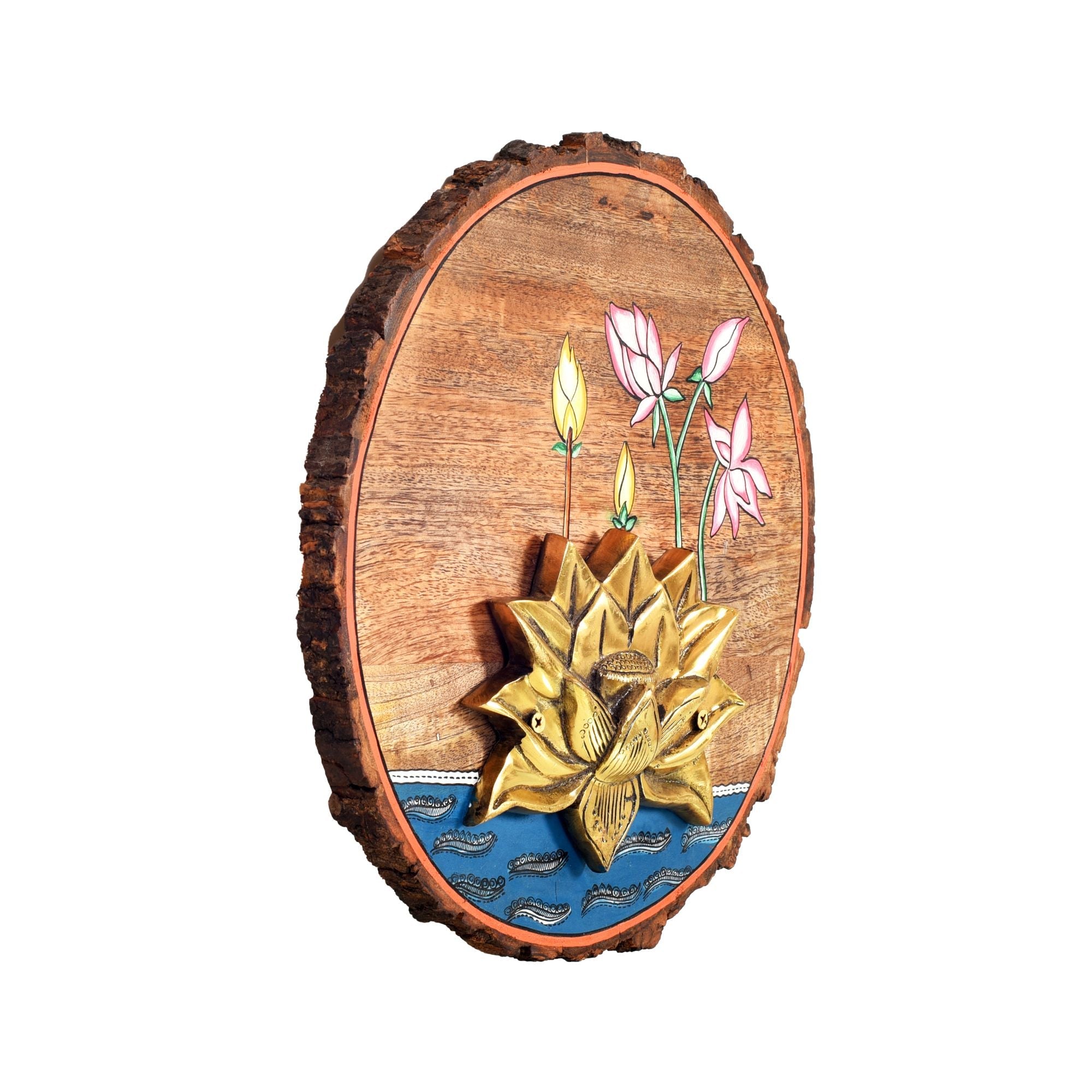 Kamala Lotus Wall Art, Handcrafted Wooden Decor with Lotus Flower and Diyas for Purity, Grace and Spiritual Glow