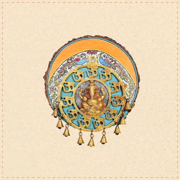 Aum Ganesha Wall Hanging, Handcrafted Wooden Decor with Om Symbols and Bells for Auspicious Beginnings and Positivity