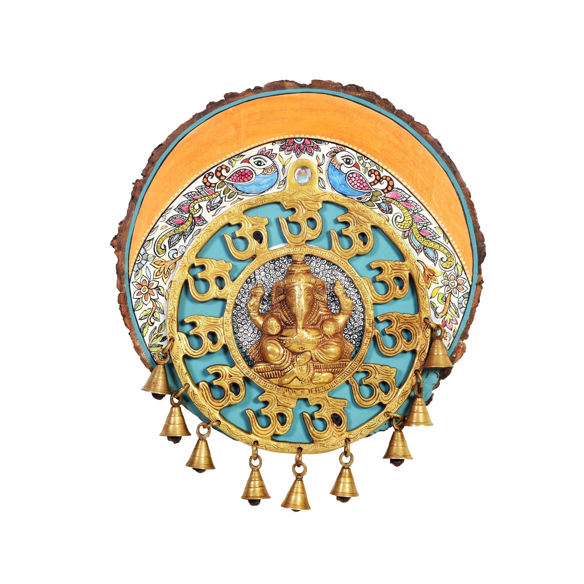 Aum Ganesha Wall Hanging, Handcrafted Wooden Decor with Om Symbols and Bells for Auspicious Beginnings and Positivity