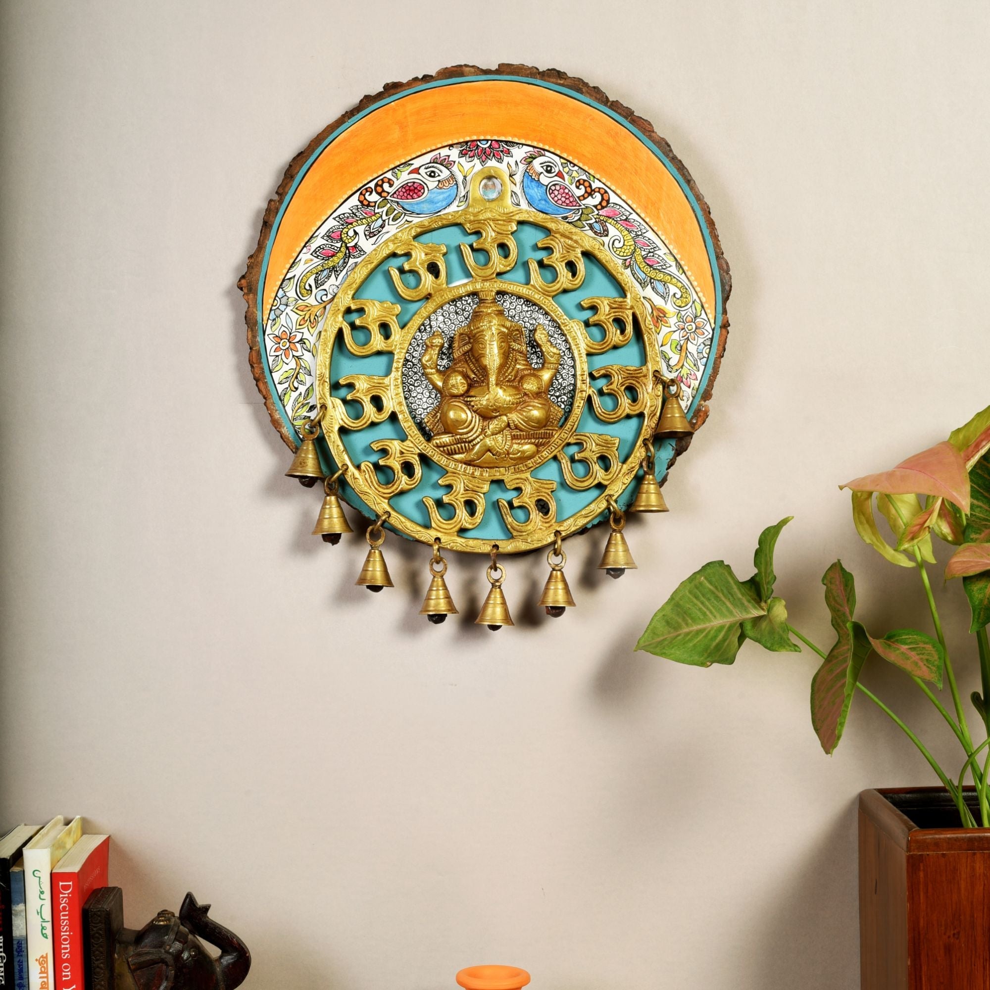 Aum Ganesha Wall Hanging, Handcrafted Wooden Decor with Om Symbols and Bells for Auspicious Beginnings and Positivity