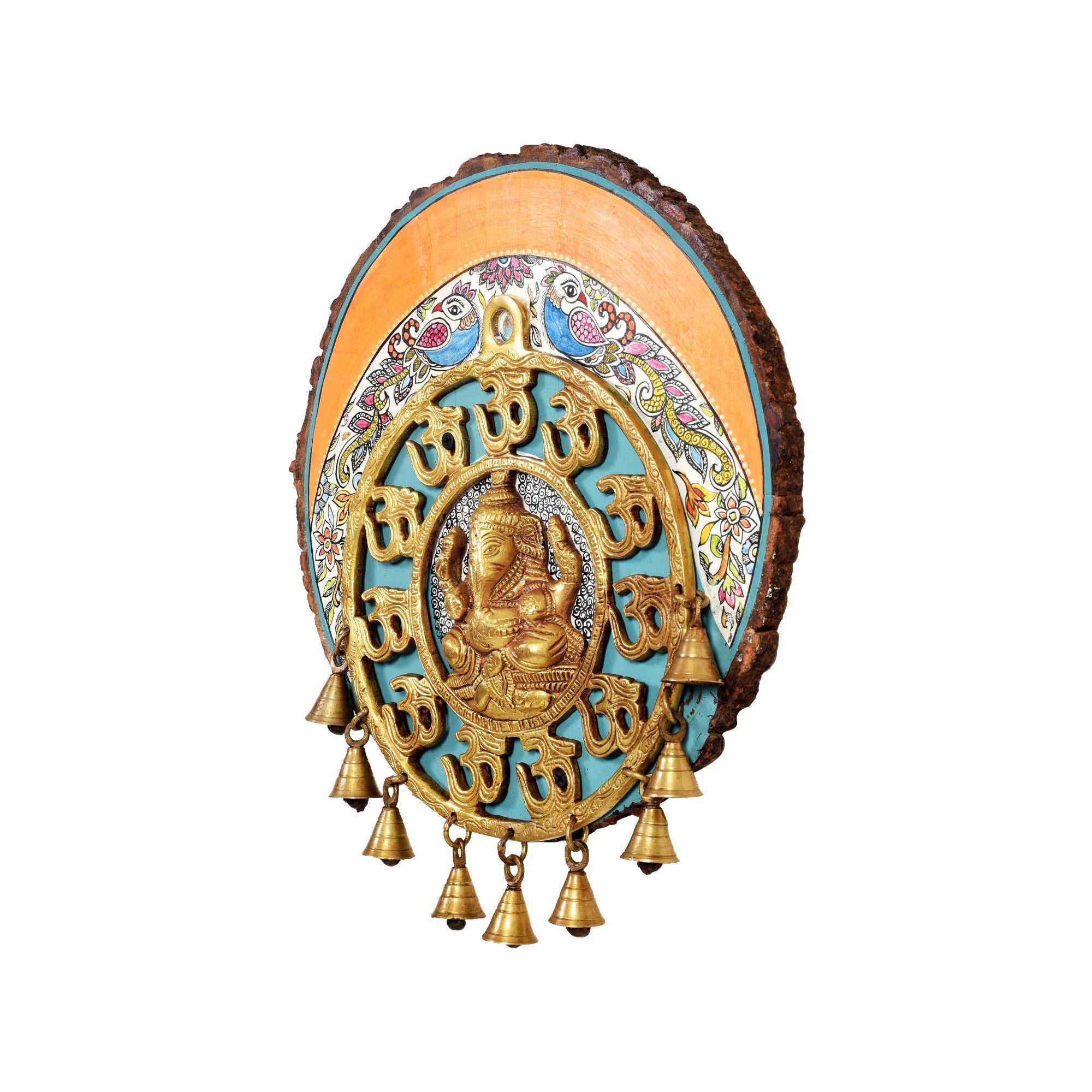 Aum Ganesha Wall Hanging, Handcrafted Wooden Decor with Om Symbols and Bells for Auspicious Beginnings and Positivity