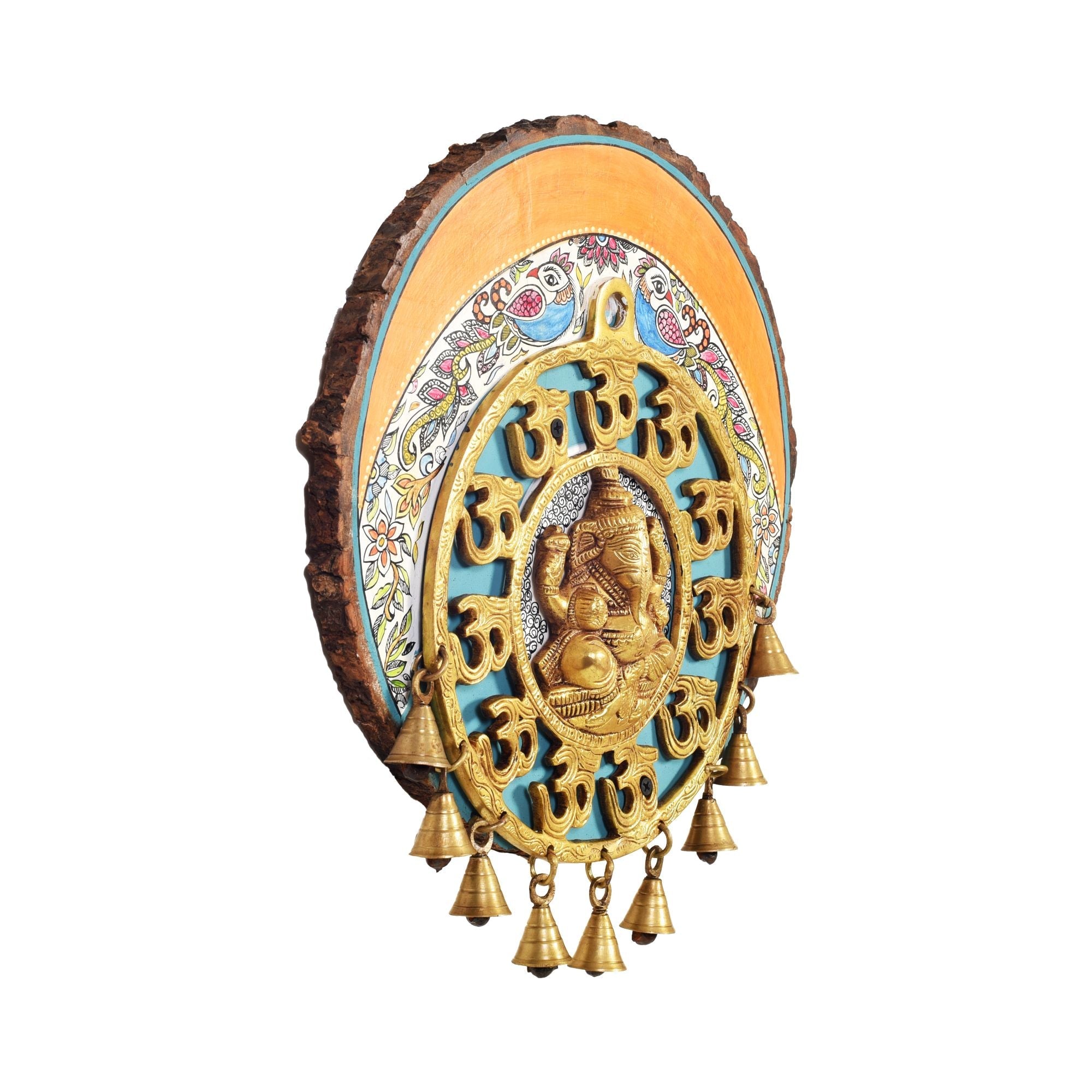 Aum Ganesha Wall Hanging, Handcrafted Wooden Decor with Om Symbols and Bells for Auspicious Beginnings and Positivity