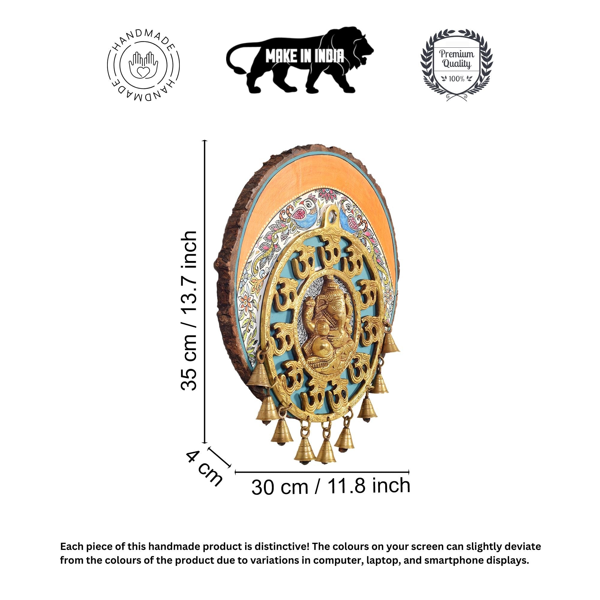 Aum Ganesha Wall Hanging, Handcrafted Wooden Decor with Om Symbols and Bells for Auspicious Beginnings and Positivity