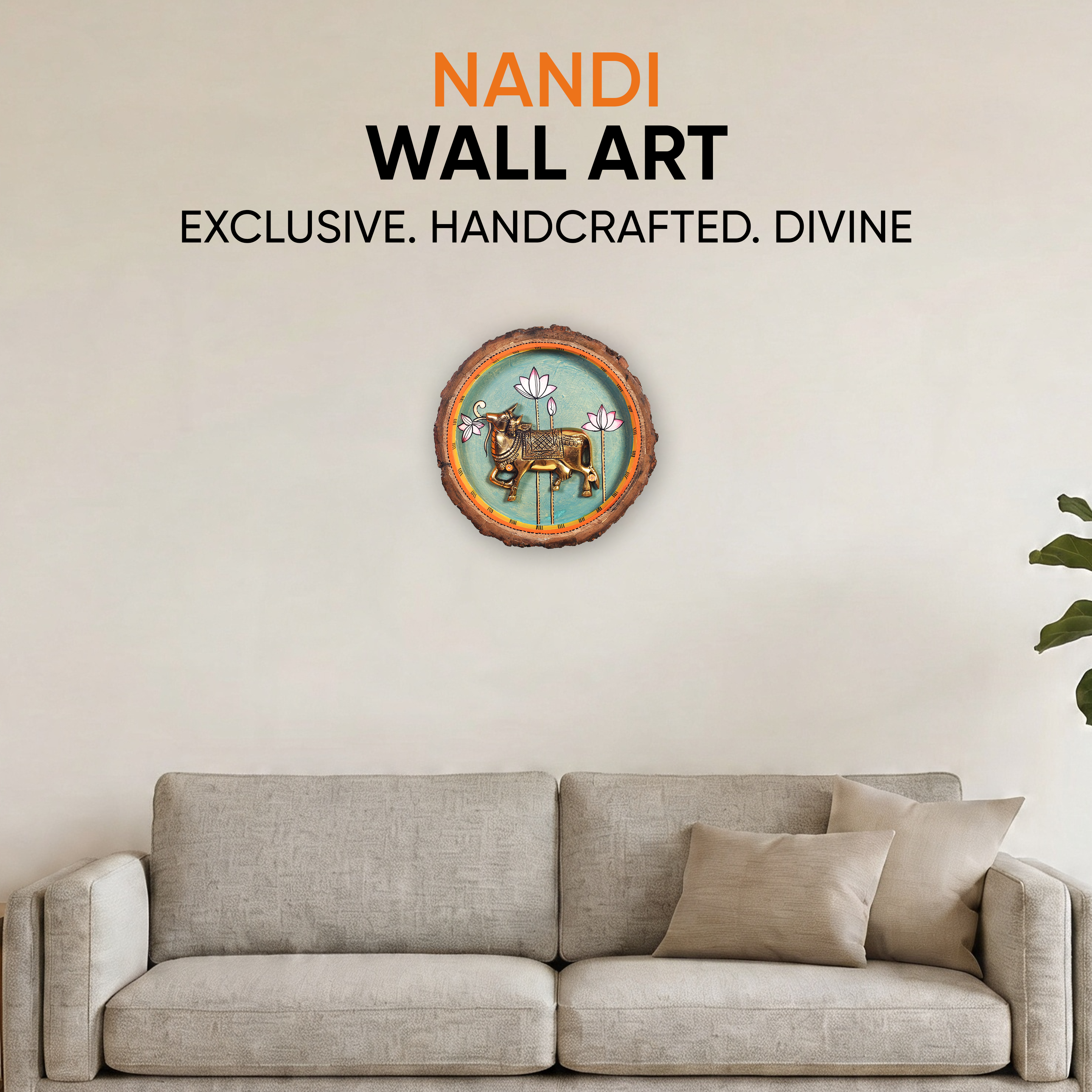 Nandi Wall Art, Handcrafted Wooden Decor with Sacred Bull and Lotus Motif for Devotion, Strength and Serenity