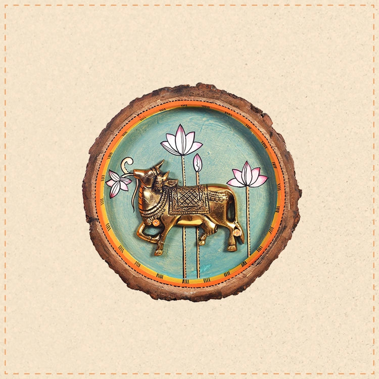 Nandi Wall Art, Handcrafted Wooden Decor with Sacred Bull and Lotus Motif for Devotion, Strength and Serenity