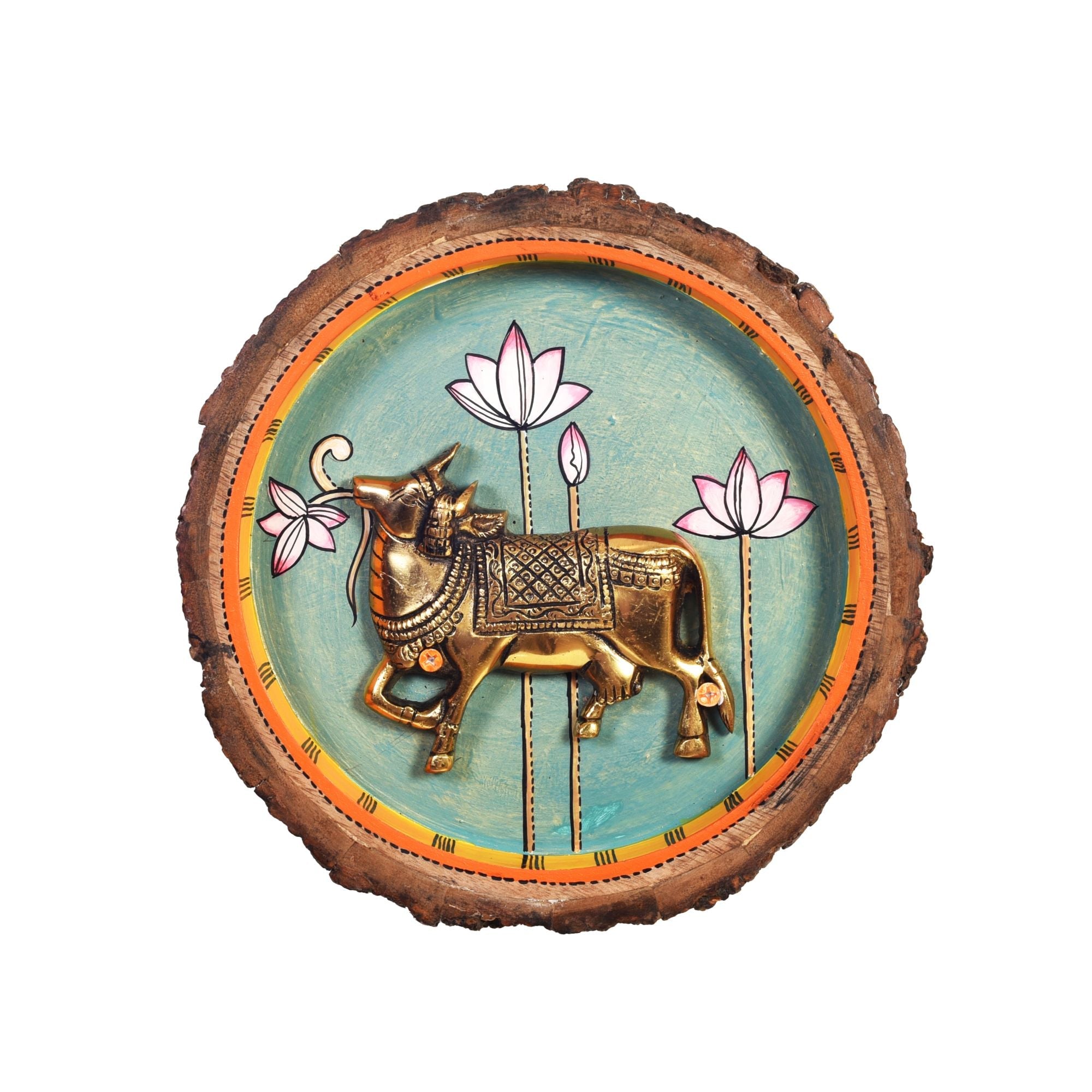 Nandi Wall Art, Handcrafted Wooden Decor with Sacred Bull and Lotus Motif for Devotion, Strength and Serenity