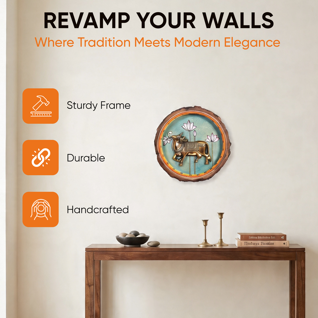 Nandi Wall Art, Handcrafted Wooden Decor with Sacred Bull and Lotus Motif for Devotion, Strength and Serenity