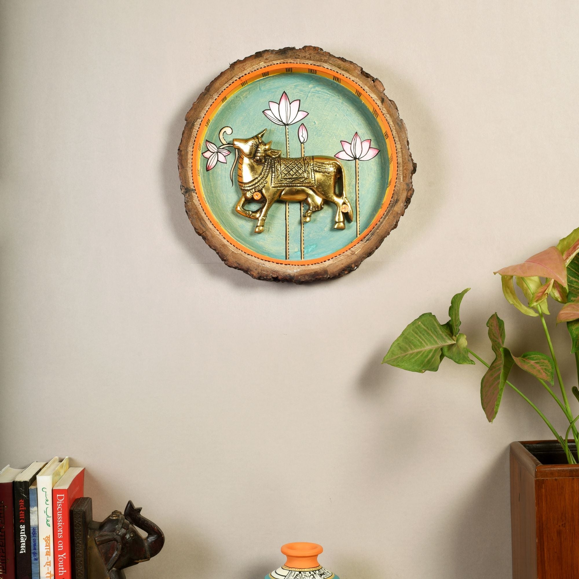 Nandi Wall Art, Handcrafted Wooden Decor with Sacred Bull and Lotus Motif for Devotion, Strength and Serenity